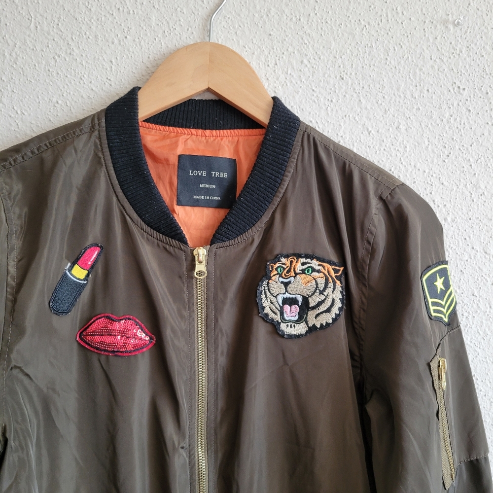Love Tree Army Green Patch Graphic Full Zip Bomber Jacket Size Medium